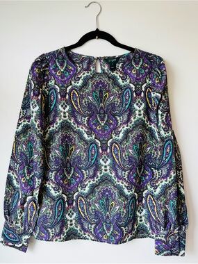 J.Crew Paisley Blouse Size Small Purple Long Sleeve Keyhole Top